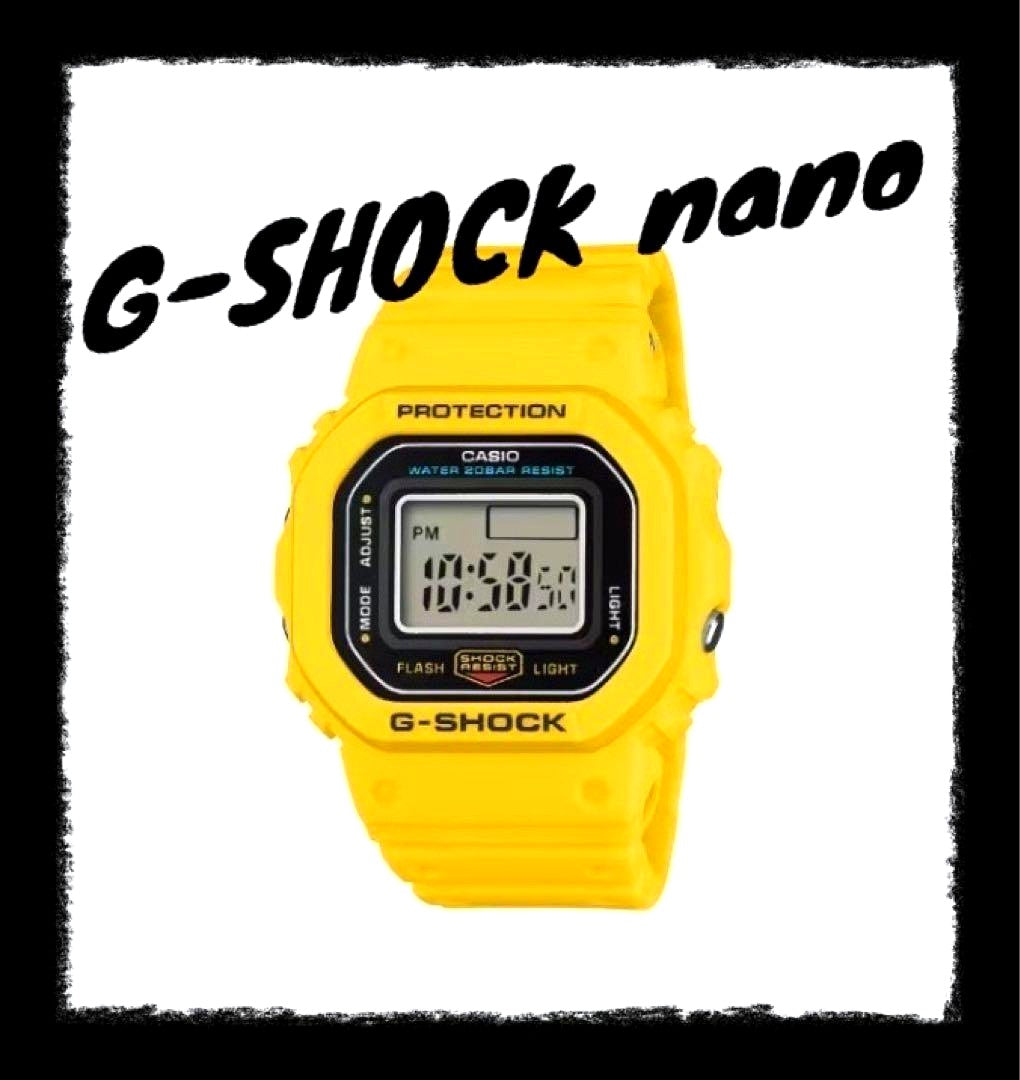 Casio G-Shock Nano DWN-5600-9JR yellow ring watch with detailed LCD and side buttons