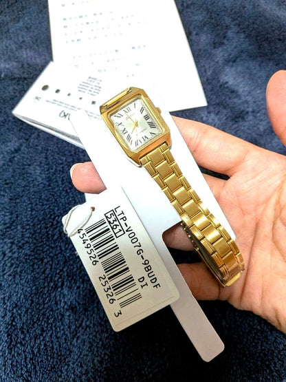 Casio Standard LTP-V007G-9B gold rectangle analog wristwatch with Roman numeral dial and quartz movement