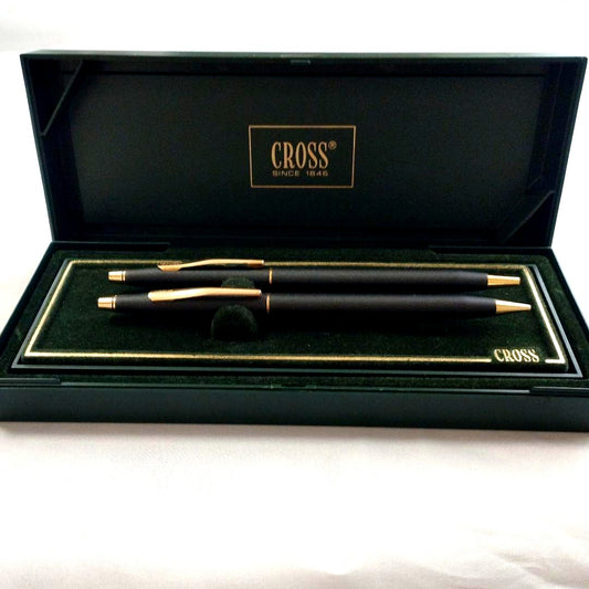 Cross Classic Century ballpoint pen and pencil set with metal body and black finish, old logo version