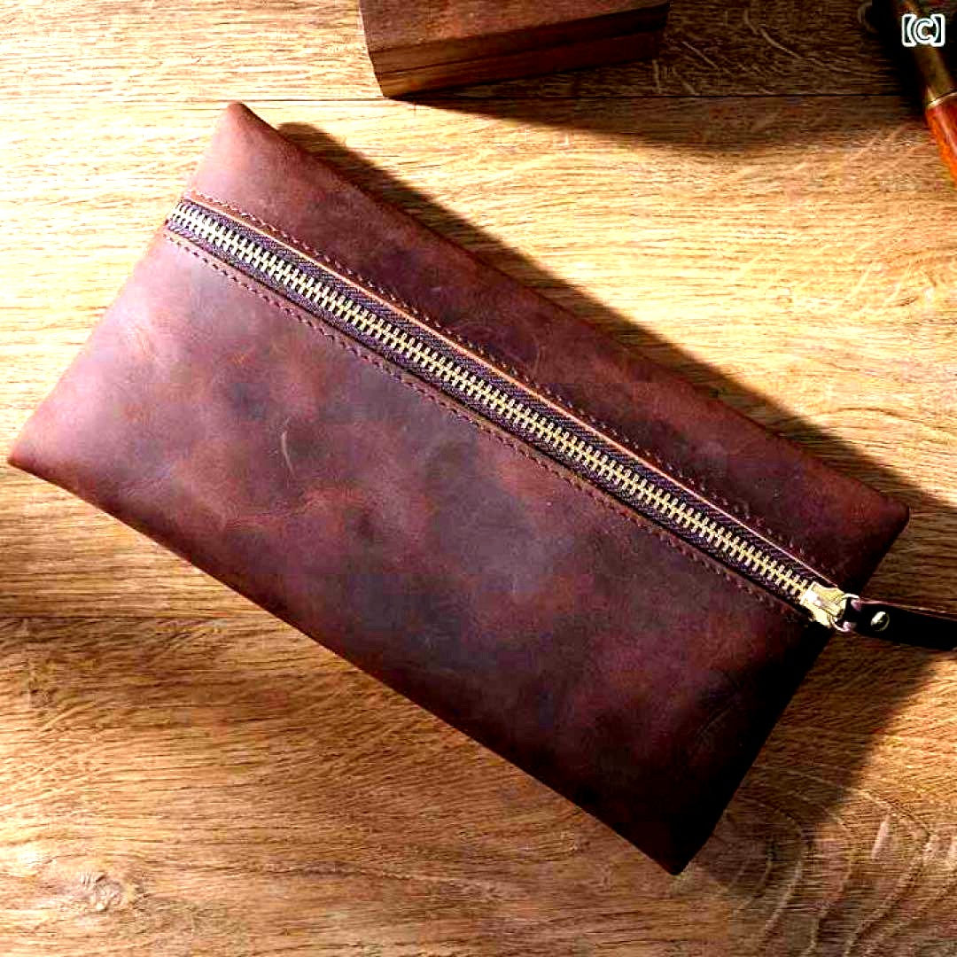 Crazy Horse Leather Premium Leather Pen Case Brown Genuine Leather Large Capacity Office and School Stationery Storage