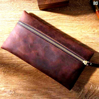 Crazy Horse Leather Premium Leather Pen Case Brown Genuine Leather Large Capacity Office and School Stationery Storage