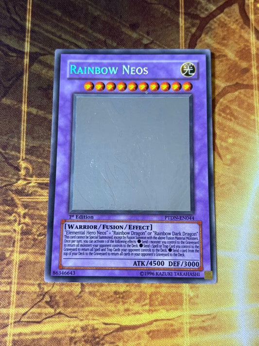 Bandai Yu-Gi-Oh Rainbow Neos English Holographic Ghost 1st edition trading card with visible scratches