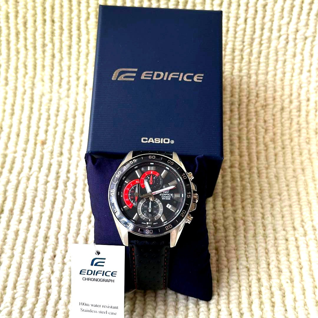 Casio Edifice men's watch model EF-539D-1A9V with black and red dial, leather strap, and chronograph features