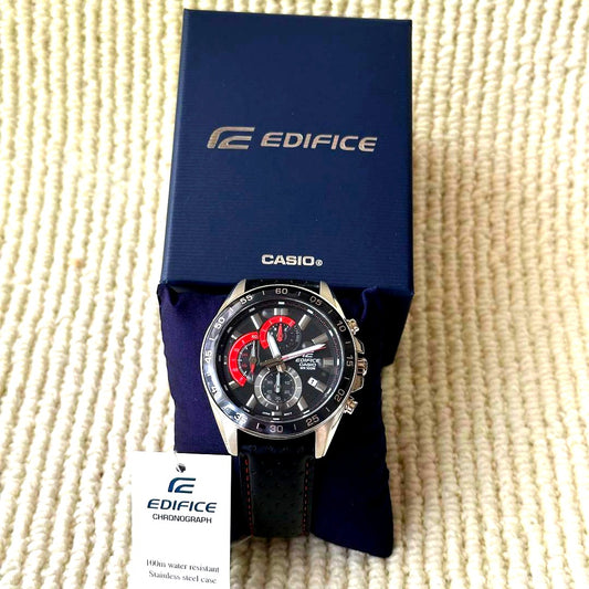 Casio Edifice men's watch model EF-539D-1A9V with black and red dial, leather strap, and chronograph features
