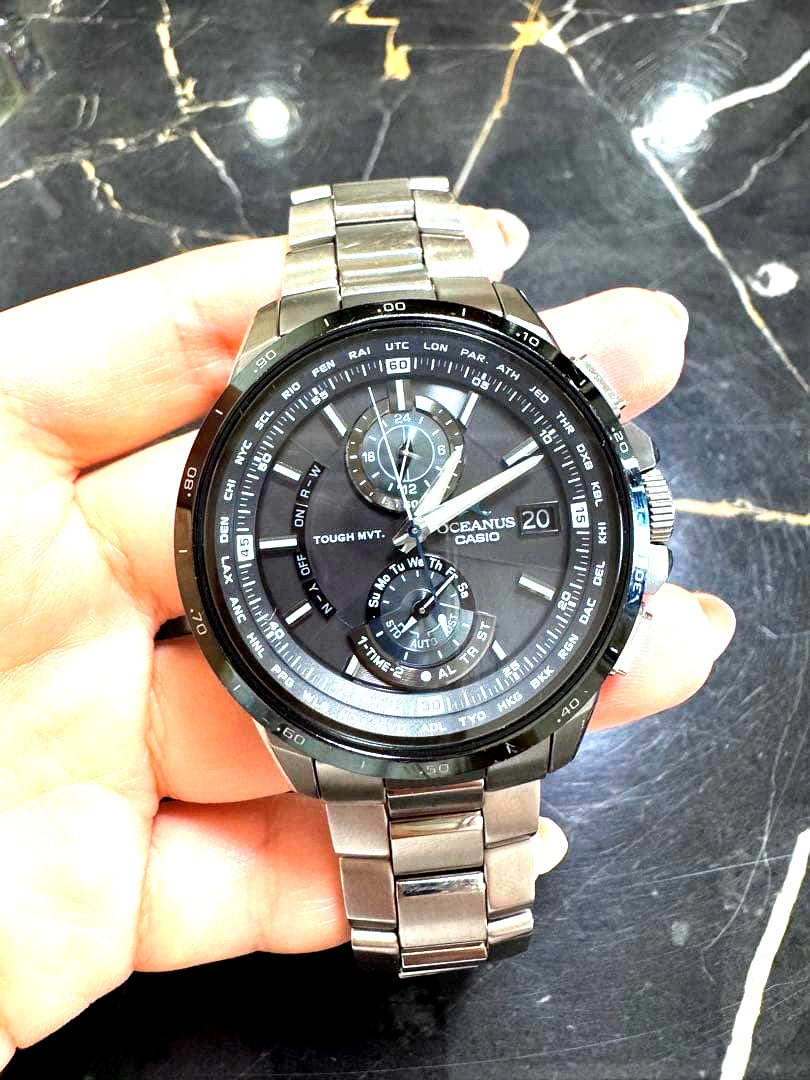 Casio Oceanus OCW-T1010 radio wave solar titanium watch with blue dial and titanium band