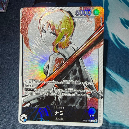 One Piece Card Game Nami Leader Parallel card from OP03 set showing Nami in leader role
