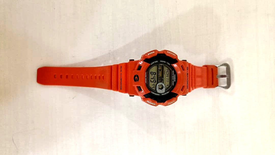 Casio G-Shock Gulfman GW-9100R orange rescue watch with durable design and no accessories visible