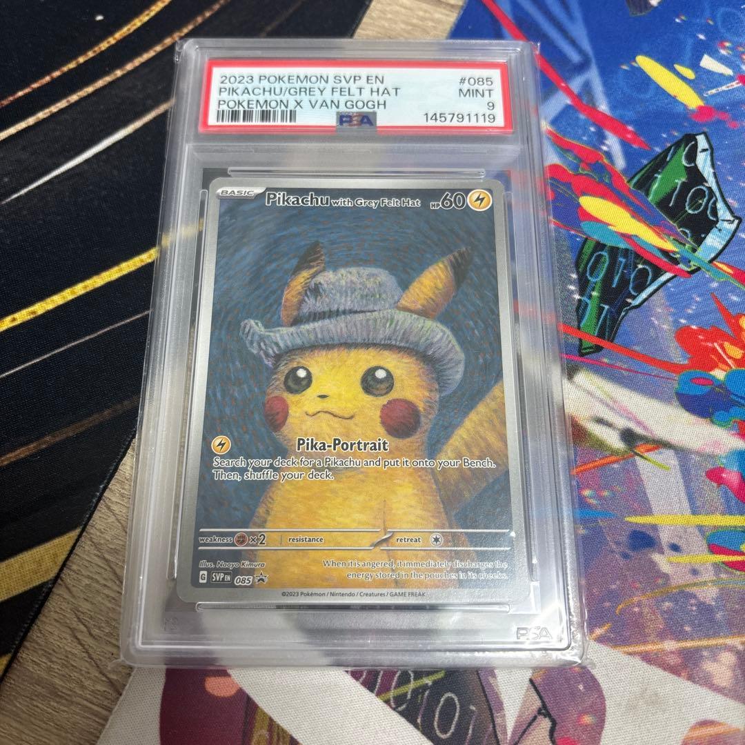 Gogh Pikachu PSA9 graded card with gray felt hat from 2023 Pokémon SVP EN series, Japan import collectible