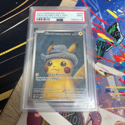 Gogh Pikachu PSA9 graded card with gray felt hat from 2023 Pokémon SVP EN series, Japan import collectible