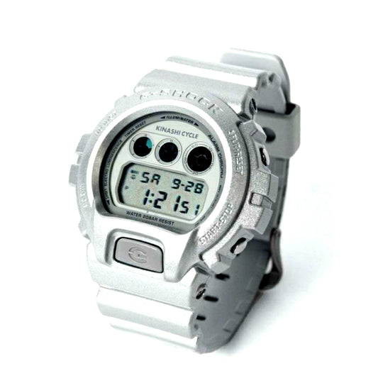 Casio G-Shock Kinashi Cycle Edition silver collaboration watch with bicycle logo and digital display