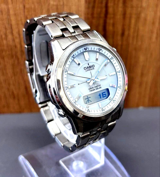 Casio Lineage Wave Captor silver color wristwatch in working condition with minimal wear shown on a white background