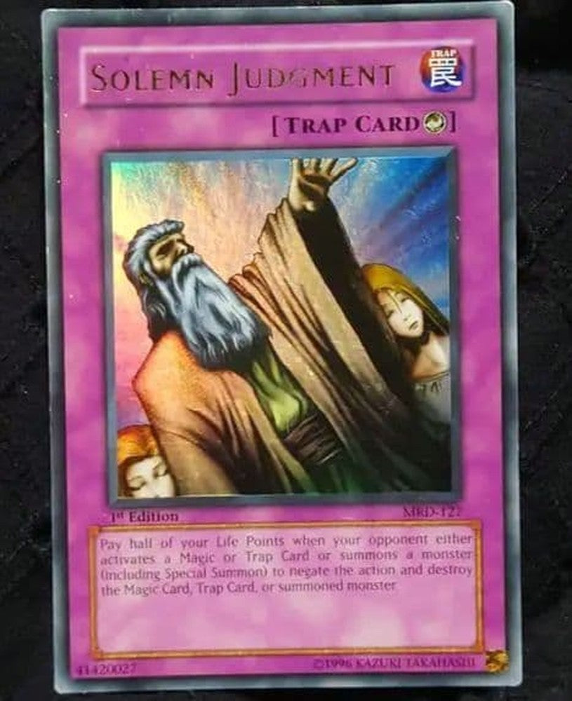 Yugioh SOLEMN JUDGMENT Ultra Rare Counter Trap Card Old Asia Version showing front with visible wear