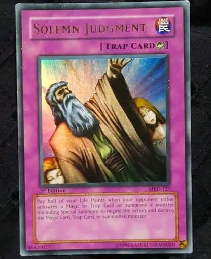 Yugioh SOLEMN JUDGMENT Ultra Rare Counter Trap Card Old Asia Version showing front with visible wear