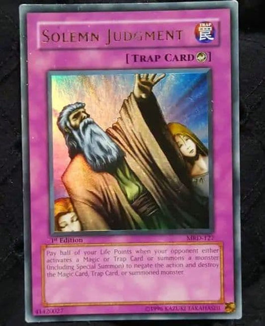 Yugioh SOLEMN JUDGMENT Ultra Rare Counter Trap Card Old Asia Version showing front with visible wear