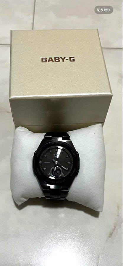 Casio G-MS black watch with Bluetooth connectivity and shock resistance shown in box