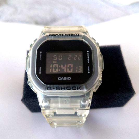 Casio G-Shock DW-5600SKE-7 clear digital watch with LED backlight showing front view