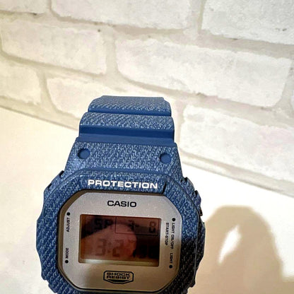 Casio G-Shock DW-5600DC-2JF digital watch with blue denim pattern, used condition, Japan import