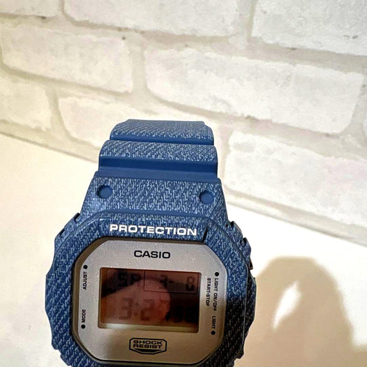 Casio G-Shock DW-5600DC-2JF digital watch with blue denim pattern, used condition, Japan import