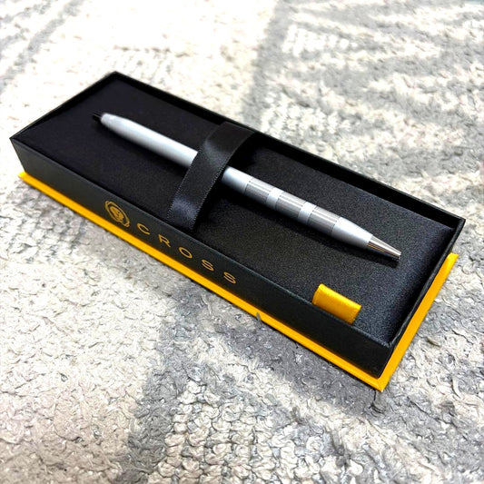 Cross silver ballpoint pen with dedicated case displayed on white background
