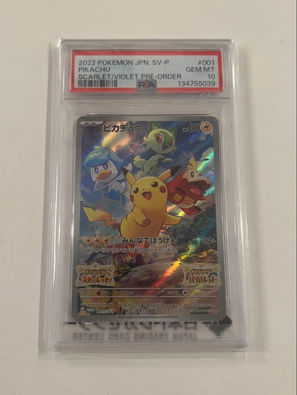 Pokémon PSA10 graded Pikachu promotional card 001/SV-P from Everyone's Adventure series Japan import