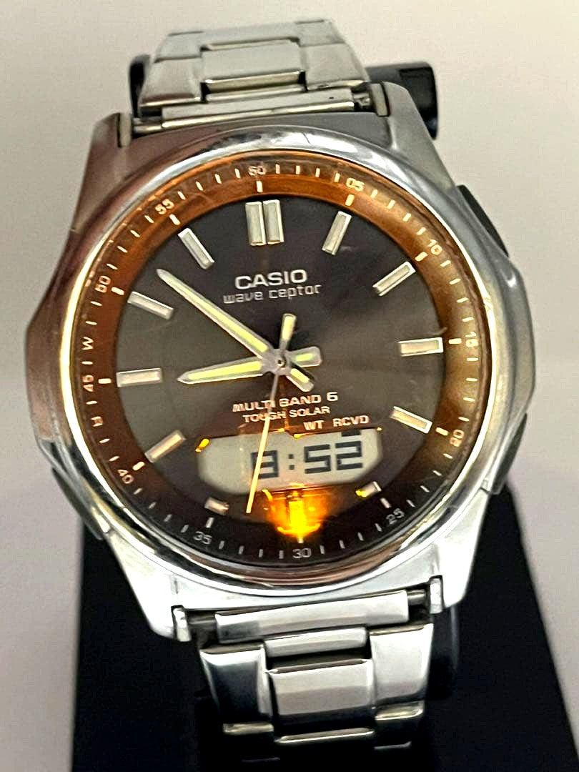 Casio Wave Ceptor Multi Band 6 Solar Watch with silver metal band and black dial digital analog display