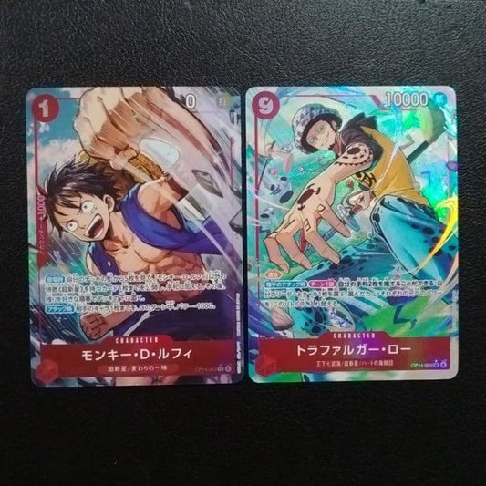 One Piece Monkey D. Luffy and Trafalgar Law SR parallel cards in protective sleeves