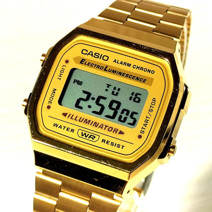 Casio Alarm Chrono Gold A168 quartz watch with gold color and digital display, Japan import