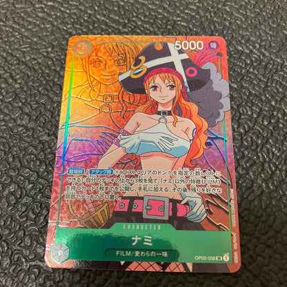 One Piece Nami SR Parallel card OP02-036 showing front design with visible wear and corner chip