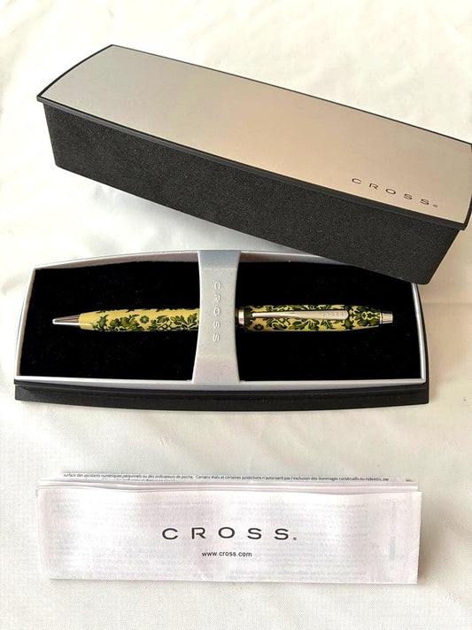 Cross ballpoint pen with green flower pattern on beige body, including box and instructions