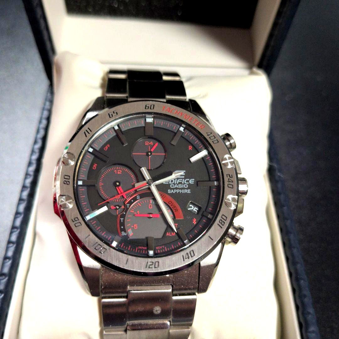 Casio Edifice EQB-1000XYD-1AJF smartwatch in black with solar power and Bluetooth shown with box