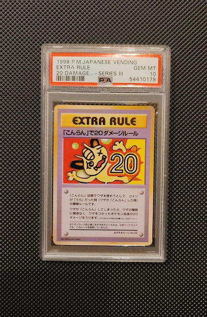 Pokemon Extra Rule Series III 1998 PSA10 Gem Mint card showing Meowth with 20 damage, Japan import