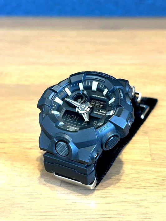 Casio G-Shock GA-700-1BJF men's analog digital watch with black nylon strap and LED light
