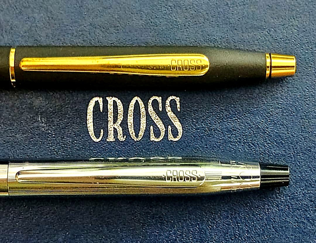 Set of two CROSS Classic Century vintage twist ballpoint pens in matte black and silver chrome colors
