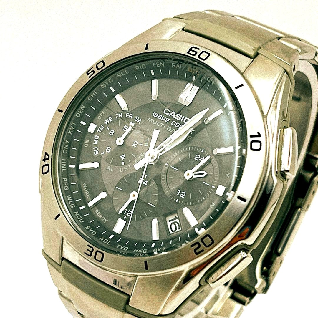 Casio WAVE CEPTOR WVQ-M410 analog radio solar watch with silver and black stainless steel finish