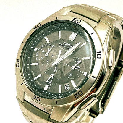Casio WAVE CEPTOR WVQ-M410 analog radio solar watch with silver and black stainless steel finish