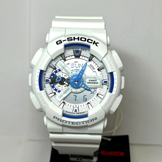 Casio G-Shock GA-110HDS-7AJF watch with blue luminous ocean-themed dial and white strap