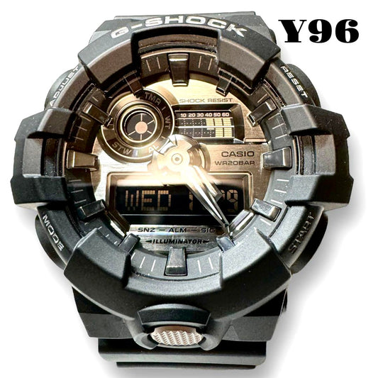 Casio G-Shock GA-710 WA20BAR black and silver digital watch with stainless steel back and shock resistant design