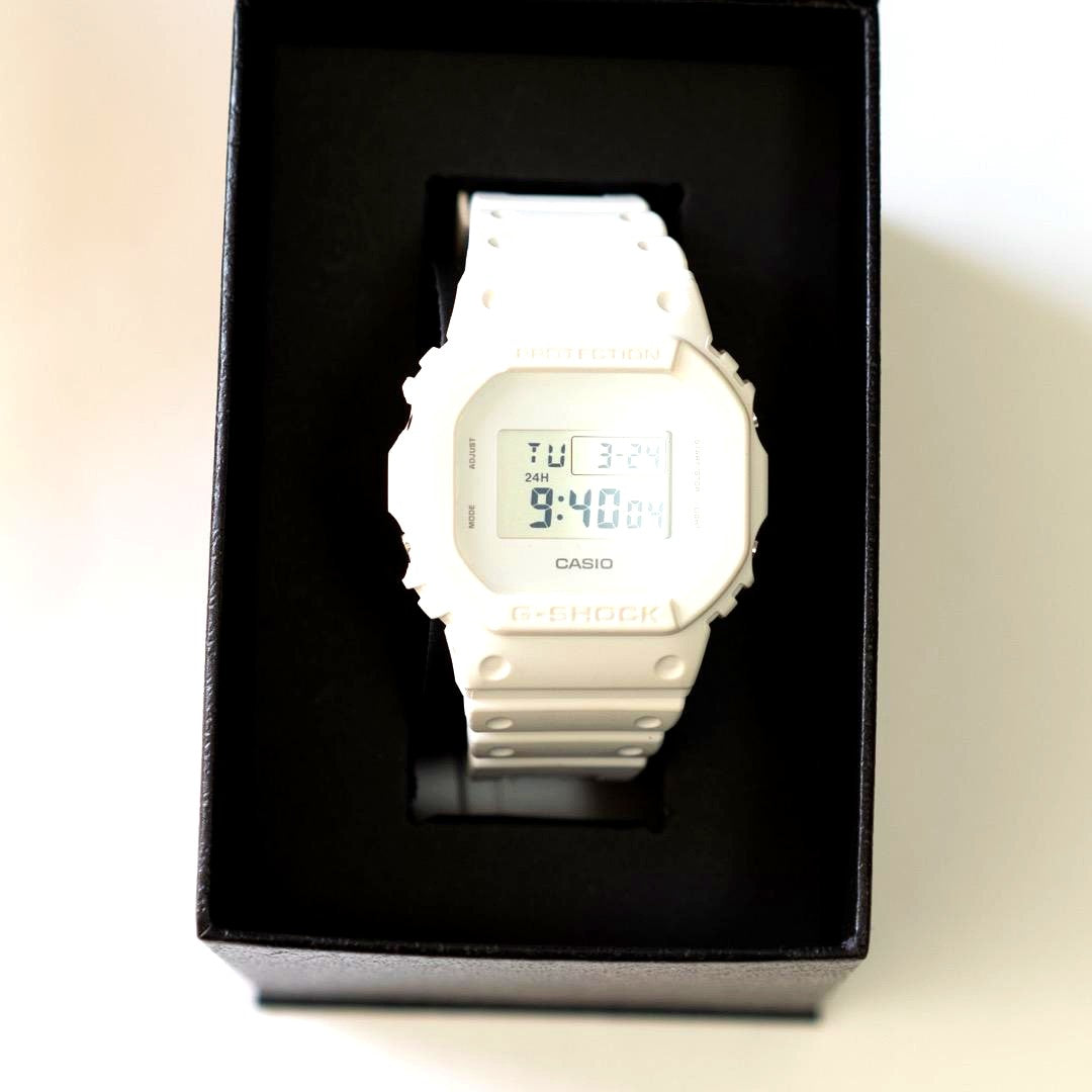 Casio G-Shock DW-5600WW-7JF white watch with box and booklet in good condition