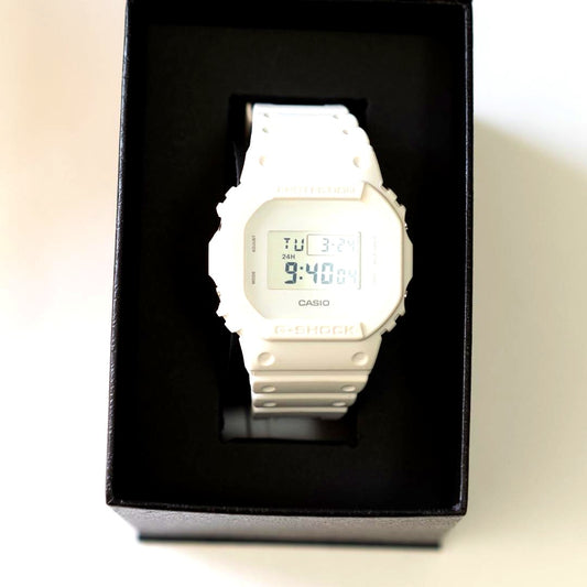 Casio G-Shock DW-5600WW-7JF white watch with box and booklet in good condition