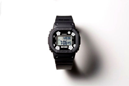 Casio Baby-G black digital watch collaboration with Mary Quant showing the digital display and black band