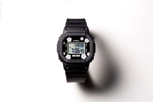 Casio Baby-G black digital watch collaboration with Mary Quant showing the digital display and black band