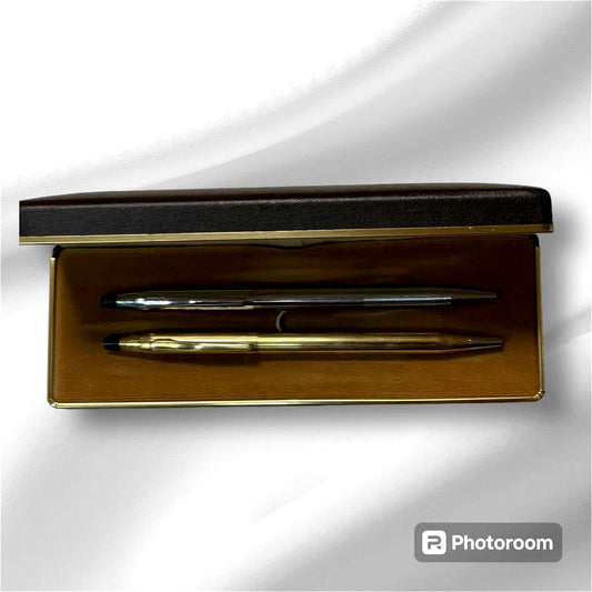CROSS ballpoint pen set with one gold pen with blue ink and one silver pen without ink imported from Japan