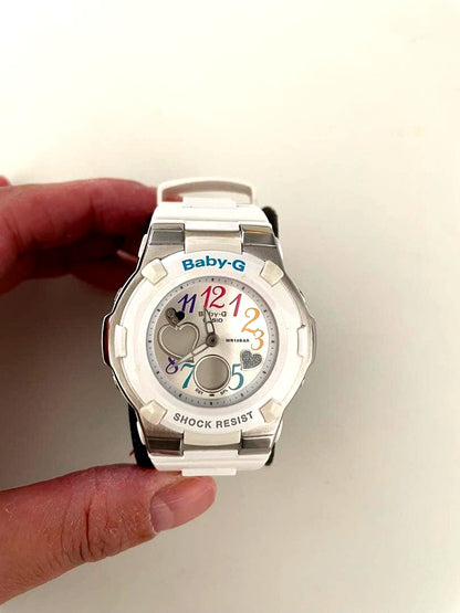 Baby-G Casio white digital analog watch with colorful indices and heart motifs, shock resistant, with white resin band