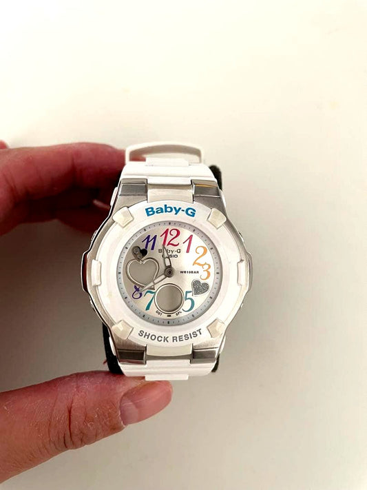 Baby-G Casio white digital analog watch with colorful indices and heart motifs, shock resistant, with white resin band