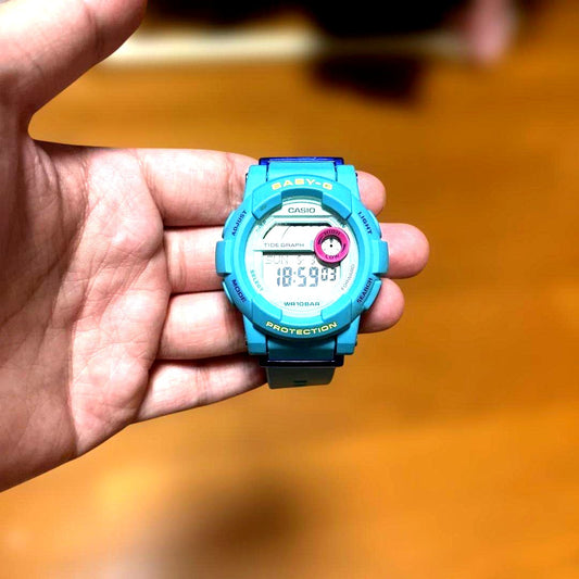 Casio Baby-G G-Lide BGD-180FB surf watch with tide graph and moon data on black strap