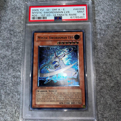 Yugioh Mystic Swordsman LV6 Old Asia Relief card graded PSA9 with visible white spots