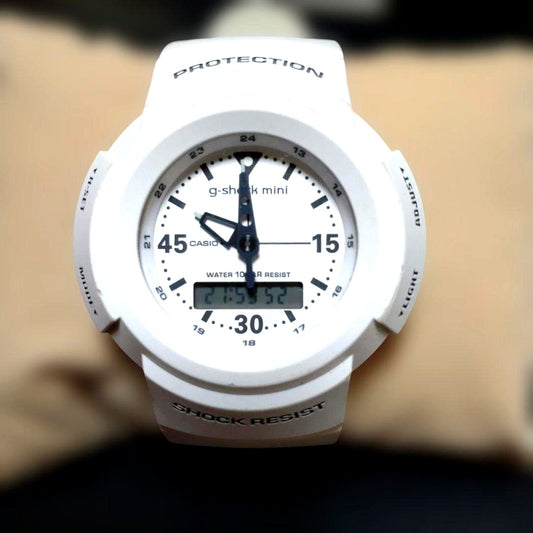 Casio G-Shock Mini GMN-500 white analog-digital watch with shock resistant design and 10 ATM water resistance