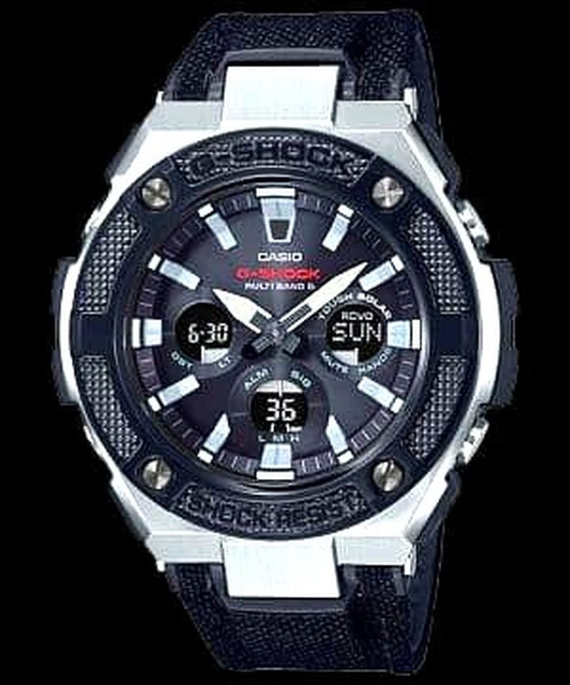 Casio G-Shock GST-W330AC radio-controlled solar watch in black and silver with visible watch face and band