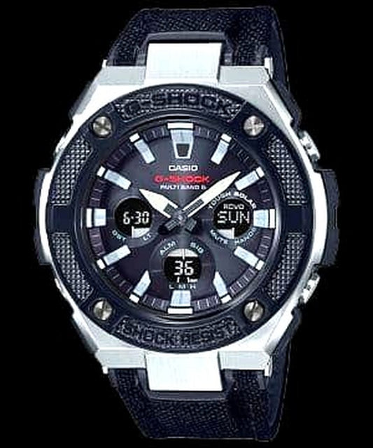 Casio G-Shock GST-W330AC radio-controlled solar watch in black and silver with visible watch face and band