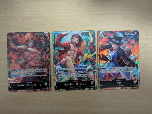 One Piece Card Game OP05 SR Japanese set featuring Monkey D Luffy, Portgas D Ace, and Sabo cards